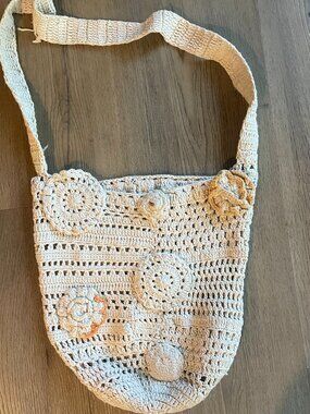 Crocket Floral Bucket Shoulder Bag Cream w/Dash of Orange 11" x 8" Cotton